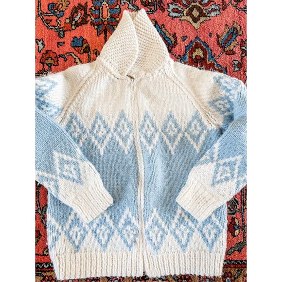 VTG 70s Cowichan Knitted Sweater Cardigan Snow White BlueWestern Cowboy Large - Picture 4 of 10